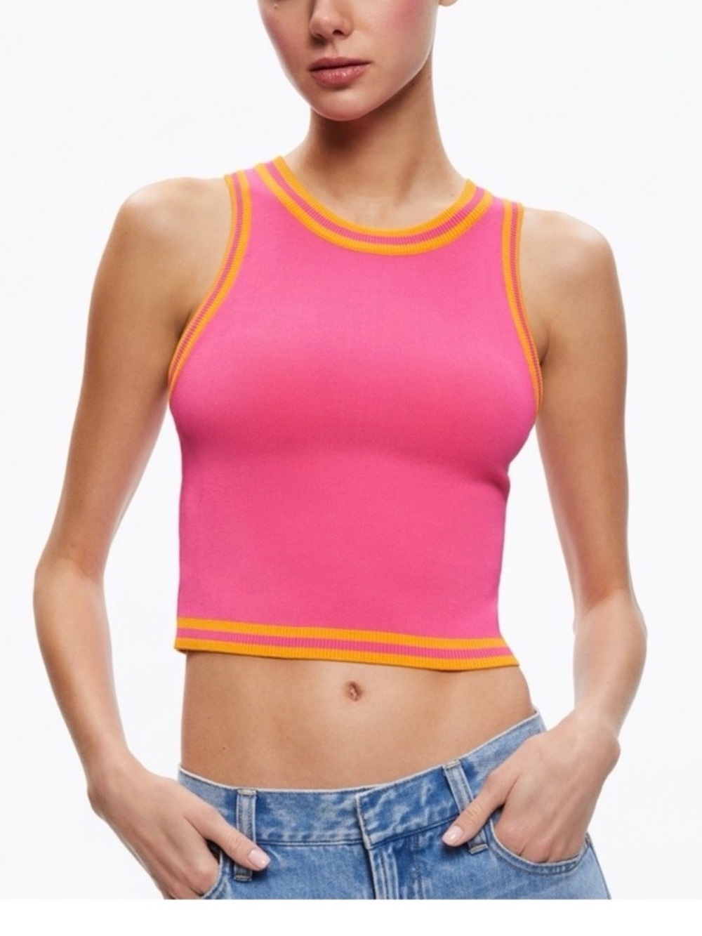 Alice + Olivia Bright Rydel Pink Knit Crop Top with Orange Trim